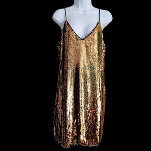 Womens V-Neck Allover Gold Sequin Mini Flow Sparkle Clubwear Disco Glam Dress L
